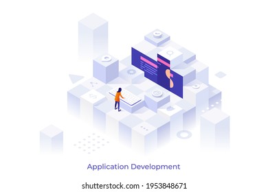 Conceptual template with programmer or coder working on computer and organizing modules and blocks. Scene for modular programming or application development. Modern isometric vector illustration.