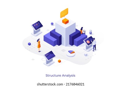 Plantilla conceptual con gráfico piramidal y medición de seguimiento de personas, indicadores. Escena para análisis estructural, ciencia de datos, análisis empresarial. Ilustración vectorial isométrica moderna para sitio web.