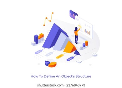 Conceptual Template With Pyramid Diagram And Woman Monitoring Indicators. Scene For Structural Analysis, Study Of Object Structure And Components. Modern Isometric Vector Illustration For Website.