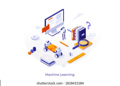 Conceptual template with robot standing in front of computer display and reading text. Concept of artificial intelligence, machine learning technology. Modern isometric vector illustration.