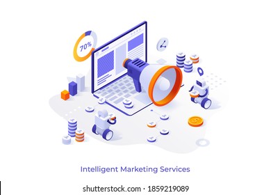 Conceptual template with robots, giant megaphone and laptop computer. Scene for intelligent marketing, automated internet advertisement service. Modern isometric vector illustration for website.