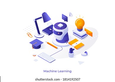 Conceptual template with robot's head, books, graduation cap, lamp on desk. Scene of artificial intelligence, machine learning, information technology in education. Isometric vector illustration.