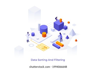 Conceptual template with scientists or analysts and cubes, cylinders, pyramids. Scene for data sorting and filtering, research database, cluster analysis. Isometric vector illustration for website.