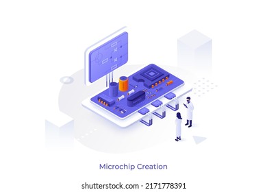 Konzeptionelle Vorlage mit Wissenschaftlern oder Ingenieuren, die integrierte Schaltungen erstellen. Entwicklung von Halbleitermikrochips oder elektronischen Chips. Moderne isometrische Vektorgrafik für Webseiten.