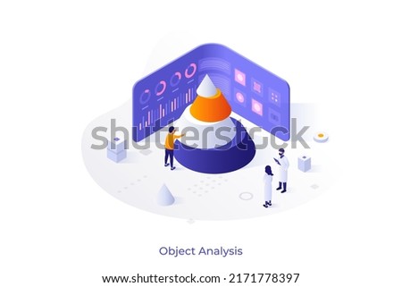 Conceptual template with scientists looking at cone divided into layers and screen with indicators. Scene for structural analysis, study of object components. Modern isometric vector illustration.