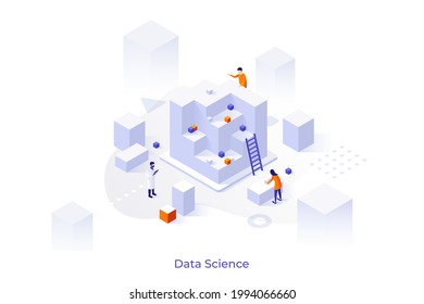 Conceptual template with scientists or researchers and giant cubes. Concept of data science, cluster analysis, statistical information research. Modern isometric vector illustration for webpage.