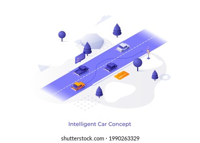 Conceptual template with self-driving automobiles riding along road or highway. Scene for future of autonomous vehicles, driverless car technology. Modern isometric vector illustration for website.