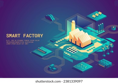 Plantilla conceptual con edificios de fábricas o plantas inteligentes. Escenario para la producción de energía eléctrica. Torres de refrigeración, turbinas eólicas, sistema de energía solar. Ilustración vectorial isométrica moderna para sitio web