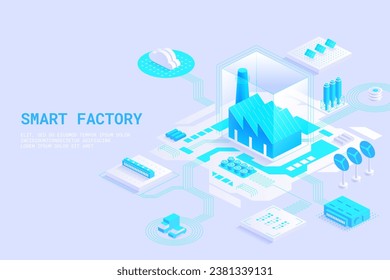 Conceptual template with smart factory or plant buildings. Scene for electric energy production. Cooling towers, wind turbines, solar power system. Modern isometric vector illustration for website svg