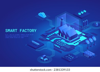 Conceptual template with smart factory or plant buildings. Scene for electric energy production. Cooling towers, wind turbines, solar power system. Modern isometric vector illustration for website svg