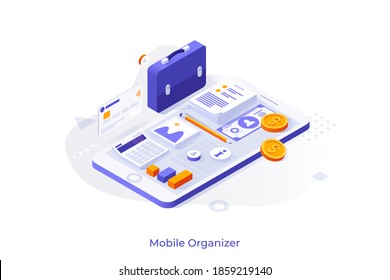 Conceptual template with smartphone, documents, money, calculator, briefcase. Scene for mobile organizer app, application for file organization, task management. Isometric vector illustration.