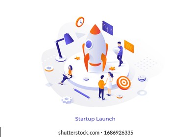 Conceptual template with spaceship or space rocket and group of people preparing it for flight. Startup business project launch. Modern isometric vector illustration for website, webpage, banner.