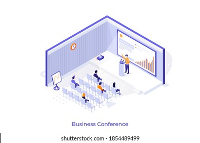 Conceptual template with speaker or lecturer making presentation in front of audience. Concept of business conference, meeting, public speech. Isometric vector illustration for event advertisement.