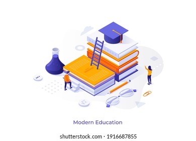 Conceptual template with student ascending pile of books with graduation cap on top. Scene for modern education, studying at university, obtaining knowledge. Isometric vector illustration.