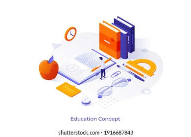 Conceptual template with student or pupil solving equation and making notes in notebook. Scene for university, college or school education, studying or learning. Isometric vector illustration.