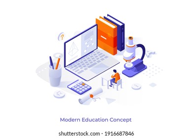 Conceptual template with student sitting at desk and studying in front of giant laptop computer. Scene for distance education, e-learning, online course. Modern isometric vector illustration.