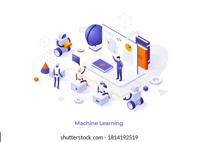 Conceptual template with teacher giving lecture to robots. Concept of artificial intelligence, machine learning and computer science. Modern isometric vector illustration for website, webpage.