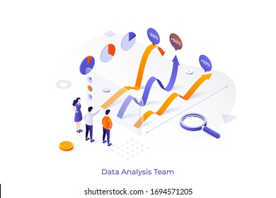 Conceptual template with team of analysts comparing graphs. Business data analysis team, financial forecast, statistical market research. Modern isometric vector illustration for website, banner.