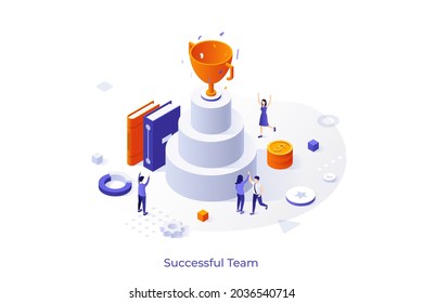 Conceptual template with team of office workers climbing up stairs with prize on top. Scene for benefits of teamwork, development of company through collective work. Isometric vector illustration.