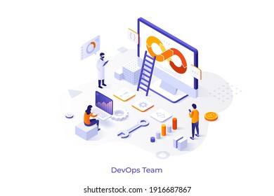 Conceptual template with team of programmers working on project, computer, diagrams. Scene of devops, software development and information technology operations. Isometric vector illustration.