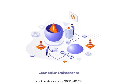 Conceptual template with technical specialists and parts of globe connected by wire with socket and plug. Scene for internet connection maintenance services. Modern isometric vector illustration.