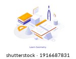 Conceptual template with textbooks, geometric figures and drawings in notebook. Scene for geometry learning course, school discipline studying. Modern isometric vector illustration for website.