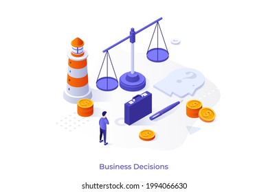 Conceptual template with thinking man, scales, lighthouse, briefcase and money. Scene for business decision-making, choice of development strategy. Modern isometric vector illustration for webpage.