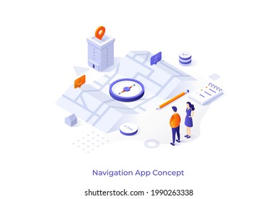 Conceptual template with tourists or travelers standing in front of map and compass. Scene for mobile application for tourism, travel or trip planning. Isometric vector illustration for webpage.