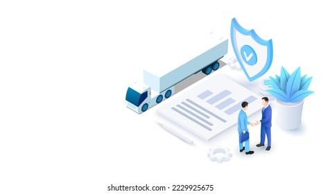 Conceptual template with truck, graphic, chart, document and security shield. Scene for online cargo delivery service, logistics or tracking app concept. Modern isometric vector illustration.