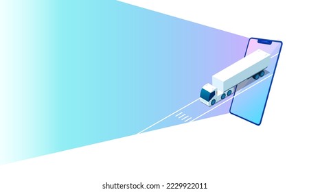 Conceptual template with truck and mobile phone. Scene for online cargo delivery service, logistics or tracking app concept. Modern isometric vector illustration.