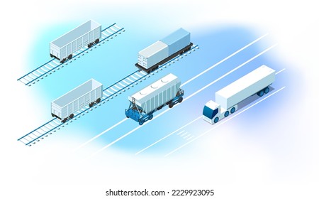 Plantilla conceptual con camión, tren, contenedor. Escena para el concepto de servicio de entrega de carga en línea, logística o aplicación de seguimiento. Ilustración vectorial isométrica moderna.