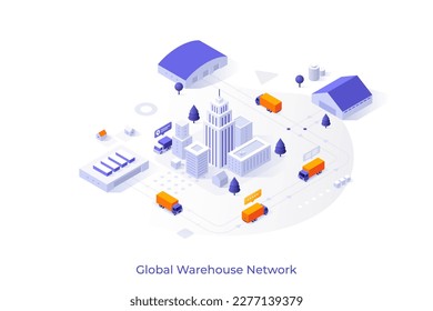 Conceptual template with trucks on roads and warehouse buildings. Scene for international cargo transportation, freight forwarding or logistics services. Modern isometric vector illustration.