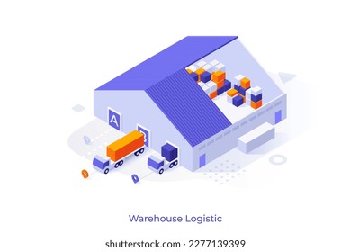 Conceptual template with trucks unloading at warehouse. Scene for cargo transportation and storage, export and import delivery, freight forwarding services. Modern isometric vector illustration.