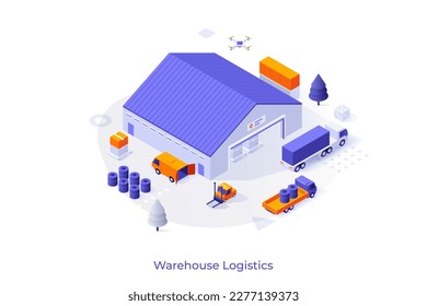 Conceptual template with trucks and warehouse. Scene for cargo transportation and terminal storage, delivery of goods, freight forwarding, logistics services. Modern isometric vector illustration.