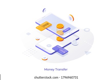 Conceptual template with two smartphones and dollar coins. Wireless touch technology for mobile payments, money transfer or exchange service, digital transaction. Isometric vector illustration.