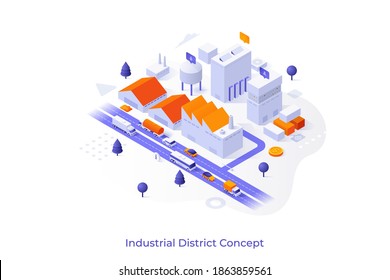 Conceptual template with urban area with manufacturing or production buildings, water tower, trucks on road. Scene for city industrial district. Modern isometric vector illustration for webpage.