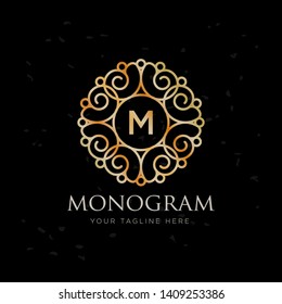 Conceptual template vector round logo design and monogram concept in trendy linear style, floral badge, emblem for fashion, beauty and jewelry industry 