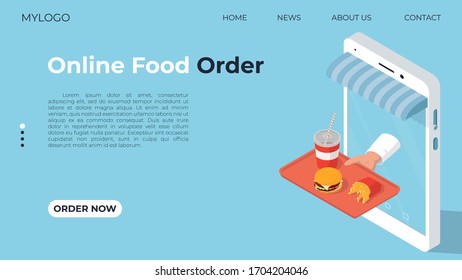 El modelo conceptual para la página web sobre el tema de la entrega de alimentos. El concepto de pedir comida rápida usando un smartphone. Entrega de comida a su casa. Ilustración isométrica vectorial.