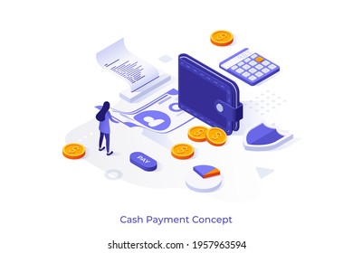 Conceptual Template With Woman Holding Banknote, Wallet, Coins, Calculator, Receipt, Shield. Scene For Cash Money, Payment, Financial Service. Modern Isometric Vector Illustration For Webpage.