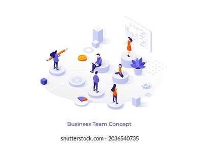 Conceptual template with woman making presentation for colleagues. Scene for whiteboard meeting with teammates, team members working together. Modern isometric vector illustration for website.