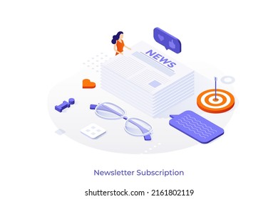 Conceptual Template With Woman And Pile Of Newspapers, Glasses, Target. Scene For News Storage, Archive, Reading Articles In One Place. Modern Colorful Isometric Vector Illustration For Website.