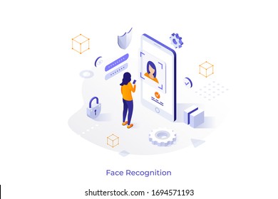 Conceptual Template With Woman Standing In Front Of Giant Mobile Phone And Trying To Get Access. Face Recognition System, Facial Biometric Authentication. Isometric Vector Illustration For Website.