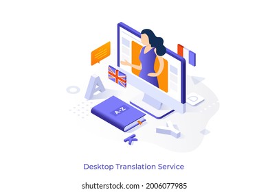 Conceptual template with woman translator on computer screen. Scene for desktop translation services, online foreign language learning course. Modern isometric vector illustration for website.
