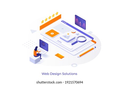 Conceptual template with woman working on laptop computer and creating website. Scene for web design solutions, user interface engineering. Modern isometric vector illustration for webpage.