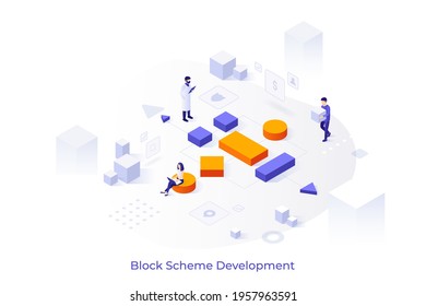 Conceptual template with woman working on computer and man carrying cube to build tree diagram. Scene for block scheme creation or modular software development. Isometric vector illustration.