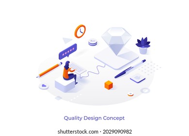 Conceptual template with woman working on keyboard connected to platform with diamond. Scene for creation of quality design, creative process. Modern isometric vector illustration for website.