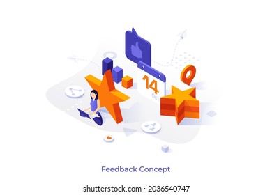 Conceptual template with woman working on laptop, golden stars, calendar. Scene for waiting for customer feedback, positive user's review, quality evaluation. Modern isometric vector illustration.