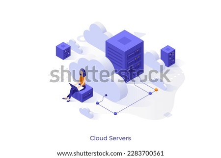 Conceptual template with woman working on laptop connected to server. Scene for cloud computing service or technology, data storage and hosting. Modern isometric vector illustration for website.