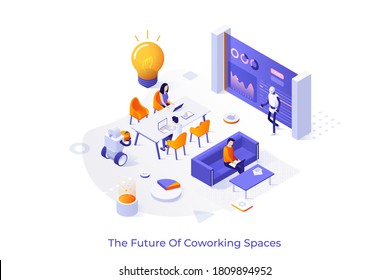 Conceptual template with workers or clerks sitting at desks and working on laptops in modern office full of robots. Automated coworking space or area. Isometric vector illustration for web banner.