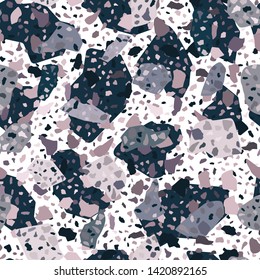 Conceptual Terrazzo seamless pattern design. Marble wallpaper on white background. Natural stone, granite, quartz shapes. Rock backdrop textured. Modern collage. Vector illustration
